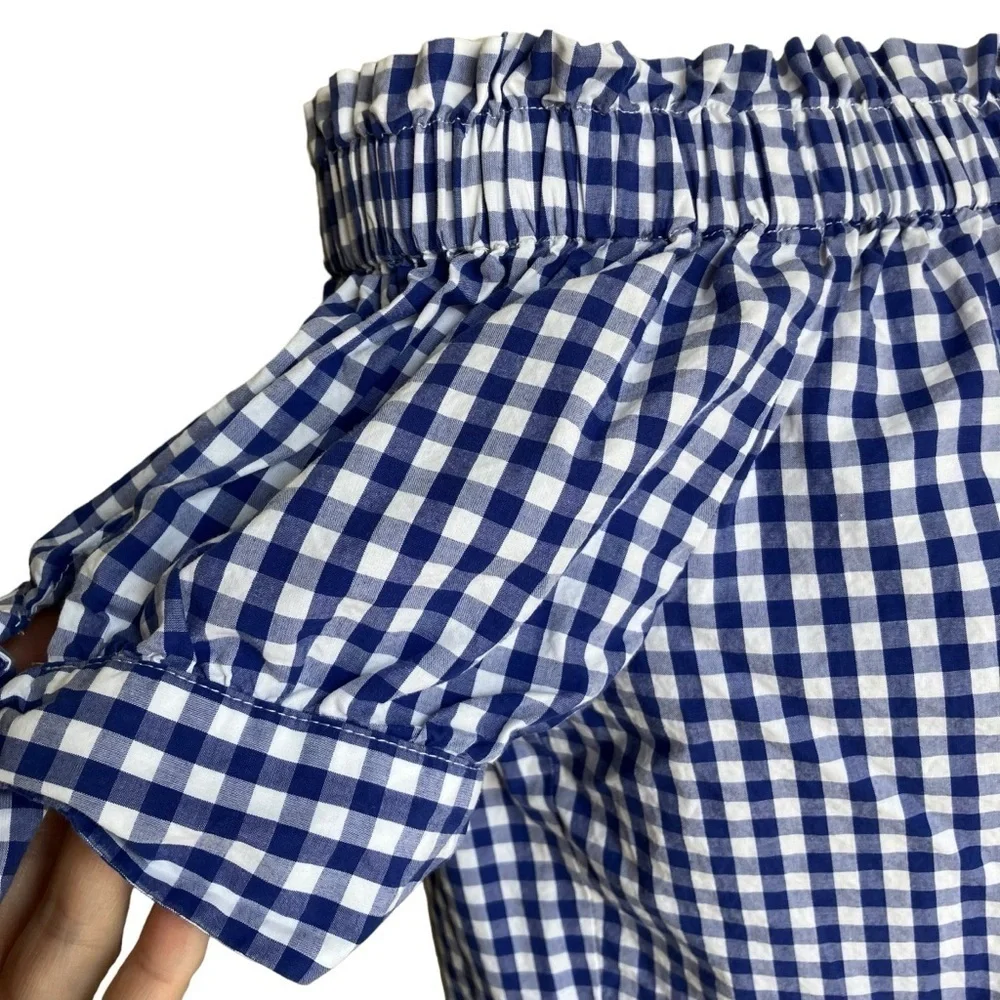J. Crew Blue White Gingham Checkered Off The Shoulder Top Cottagecore Size 2